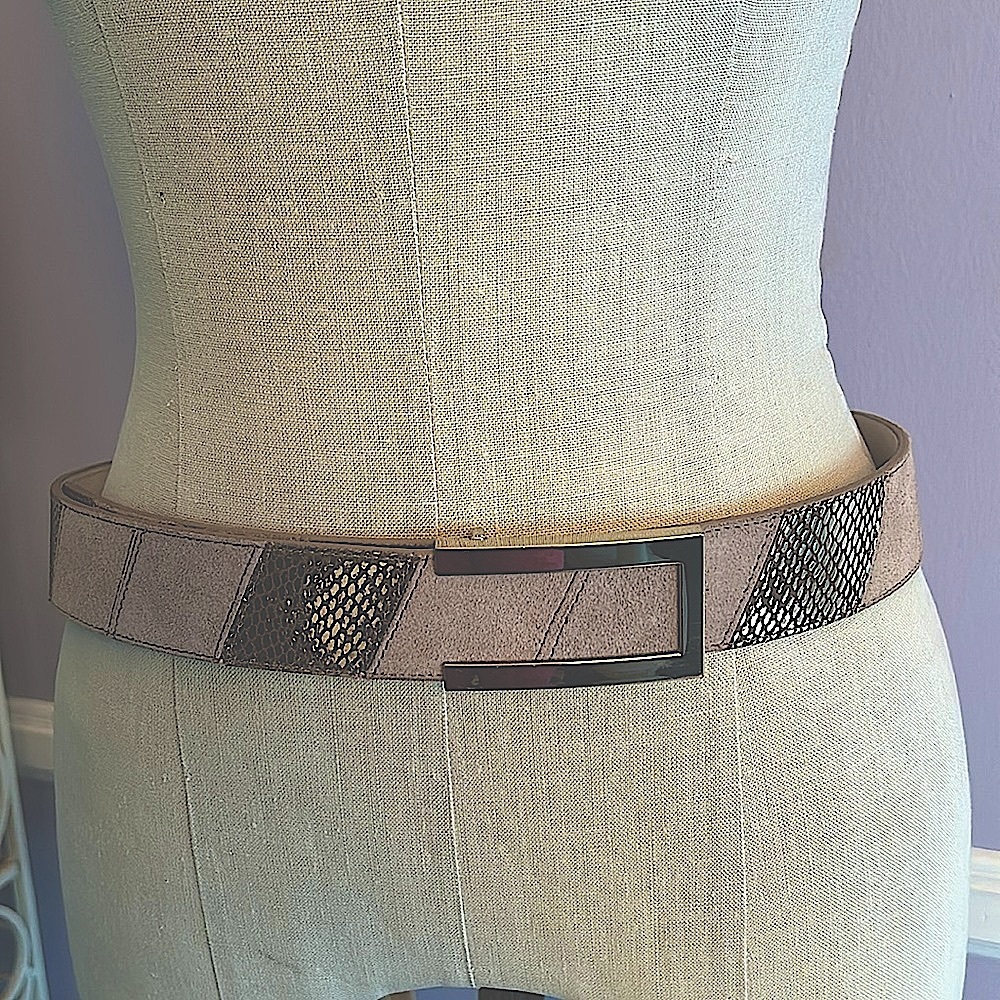 White House Black Market tan suede and gold snakeskin patchwork leather belt